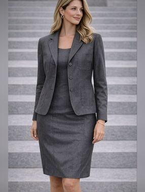 Ann Taylor Set: Size 14 – Charcoal Grey Tailored Blazer + Sheath Dress